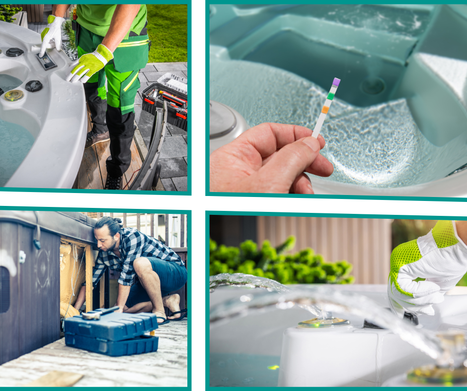 multiple images of people opening hot tub for the season. Includes hot tub repair, chemical testing, control testing and water spout testing.