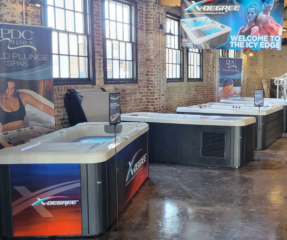 cold plunge spas on display in pdc spas showroom