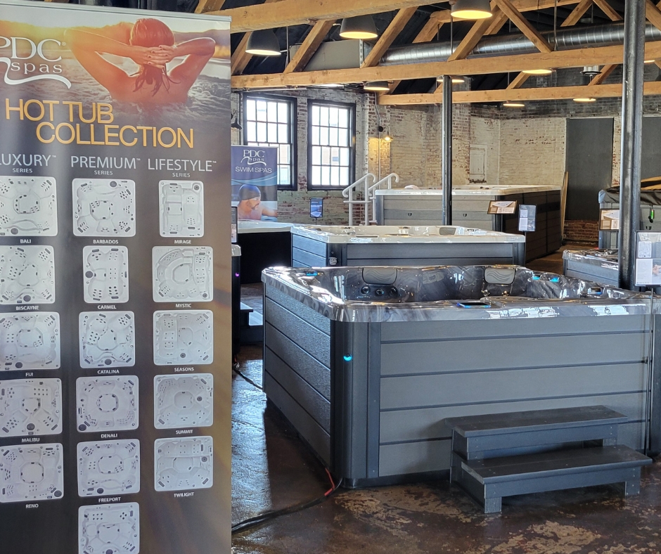 hot tubs on display in pdc spas showroom