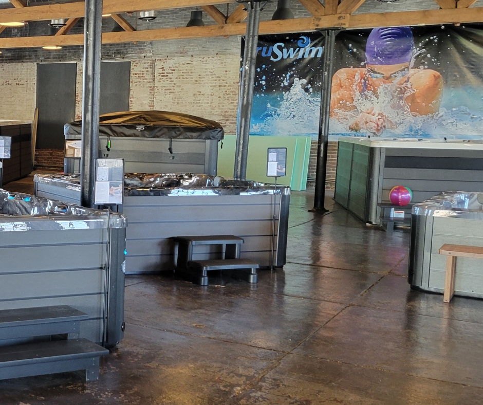 swim spas on display in pdc spas showroom
