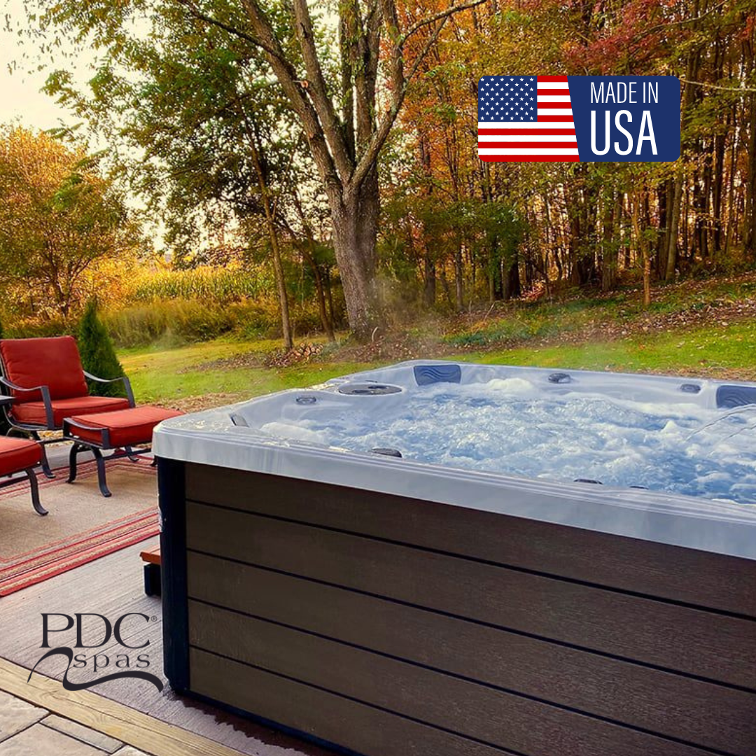 pdc spas hot tub on outdoor patio in the fall