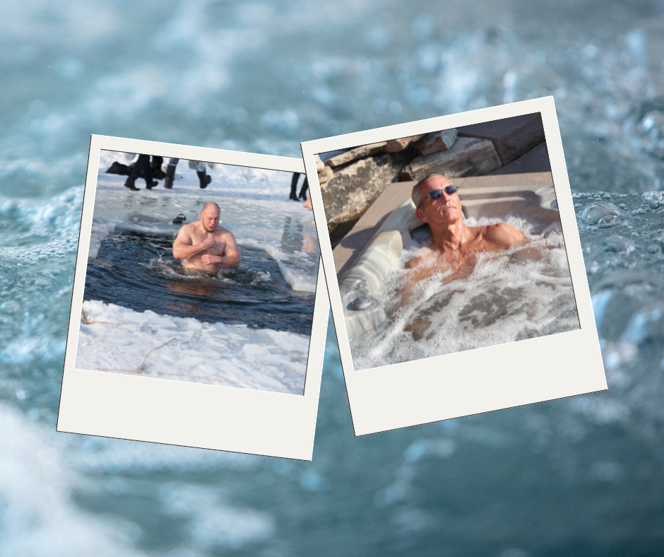 a man in icy lake water and a man relaxing in hot tub water.
