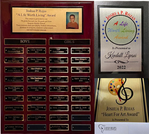plaques showcasing award recipients and a musical themed Heart For Art Award design