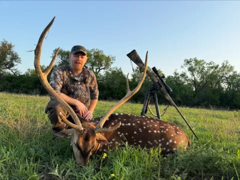 hunter with rifle and axis buck