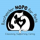 Logo with a dog and cat cuddling, text reads Rochester Hope for Pets. Educating Supporting Caring.