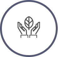 Two hands holding a leaf, enclosed in a dark circular border on a white background.