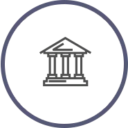 A black courthouse icon inside a dark blue circle on a white background.