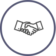 A black handshake icon inside a dark blue circle on a white background.