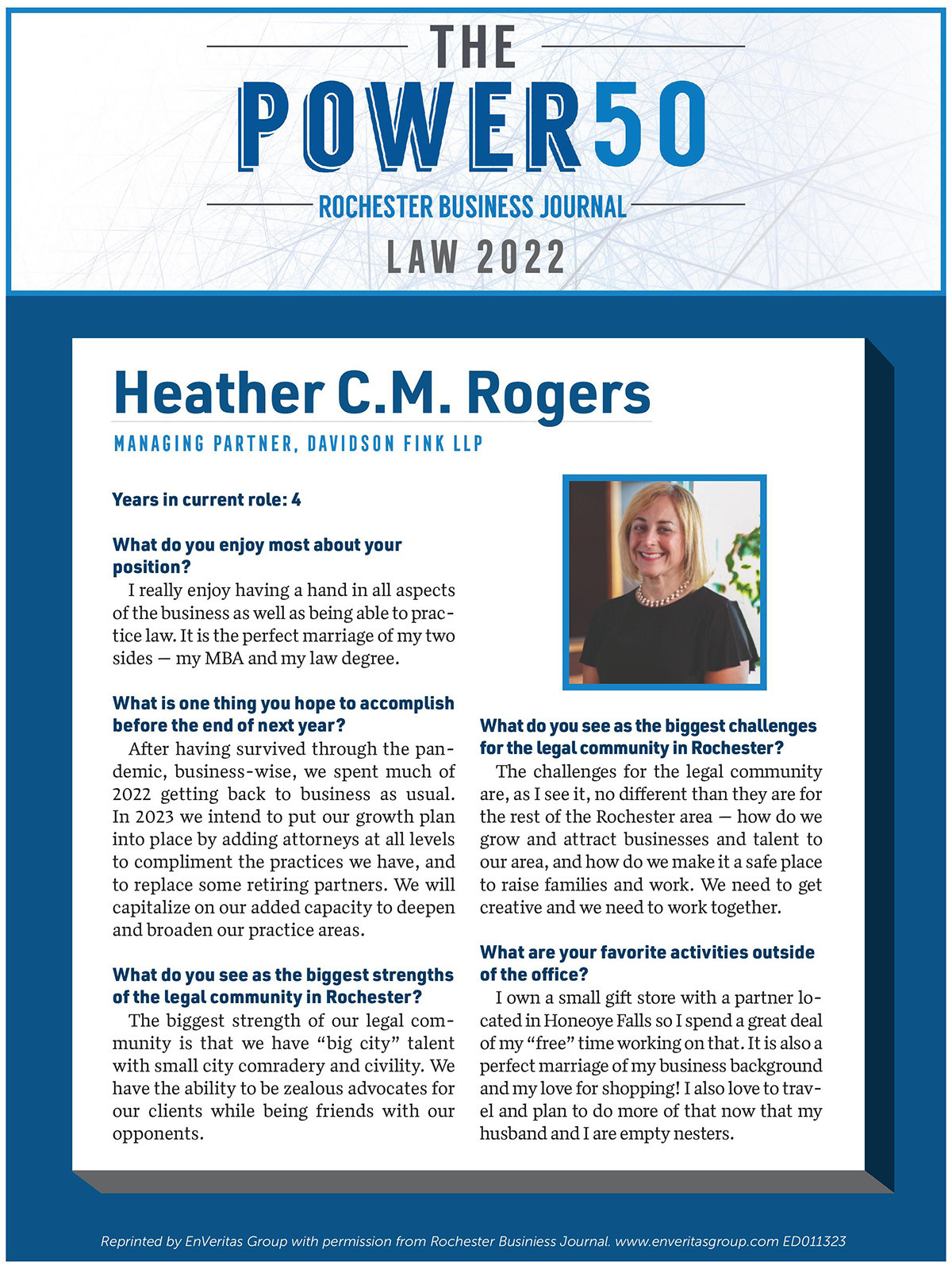 Profile of Heather C.M. Rogers featured in Rochester Business Journals Power 50 Law 2022 issue.