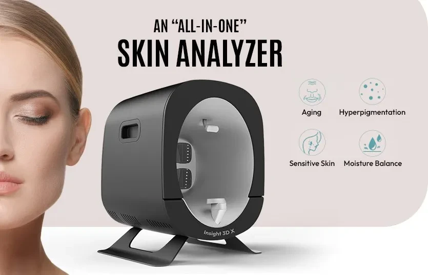 Blonde woman with eyes closed next to Insight 3DX machine