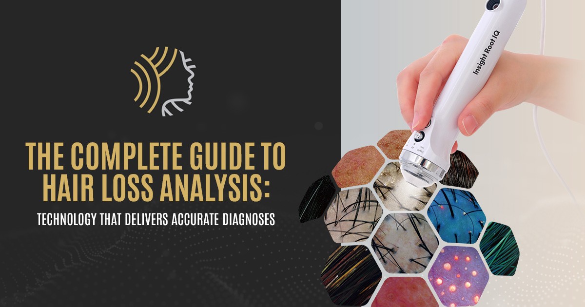 A hand uses a hair analysis device on a hexagonal display of scalp and hair images.