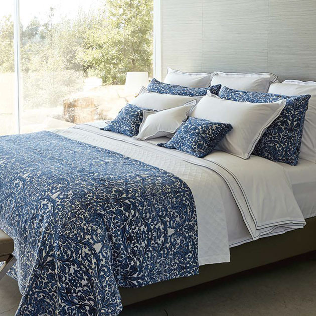 white and blue patterned comforter and pillows