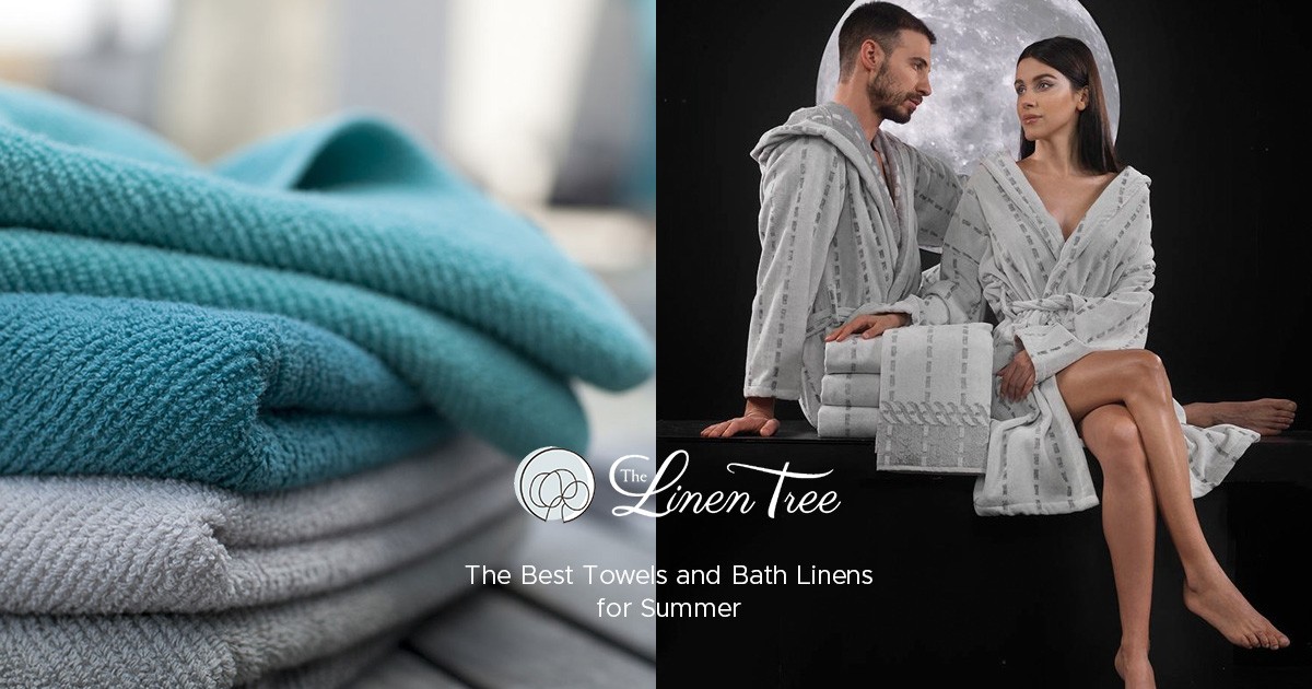 green blue towels and a couple in grey bathrobes