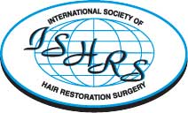 Logo of the International Society of Hair Restoration Surgery with a globe background and bold letters.