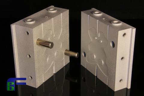 3D printed mold opened to show internal engineering