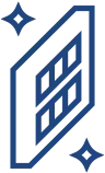 Blue icon of a book or journal with two sparkle stars, suggesting cleanliness or newness.