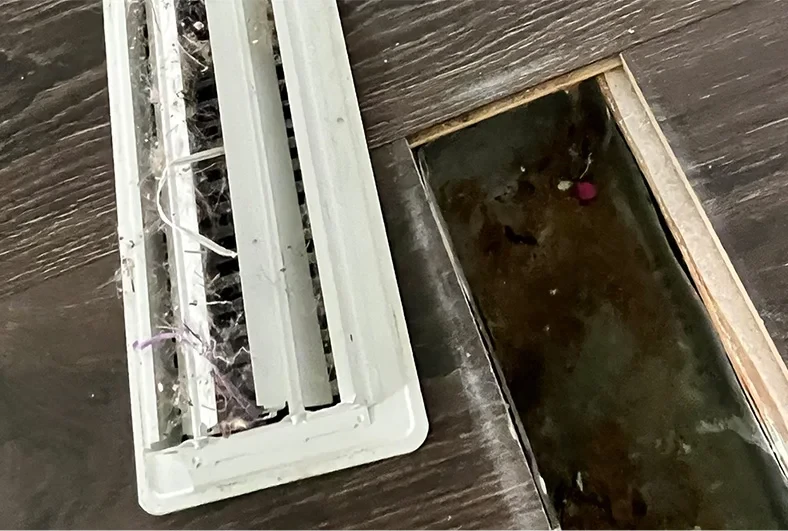 A dusty floor vent cover removed, exposing a dark, dirty air duct in wood flooring.