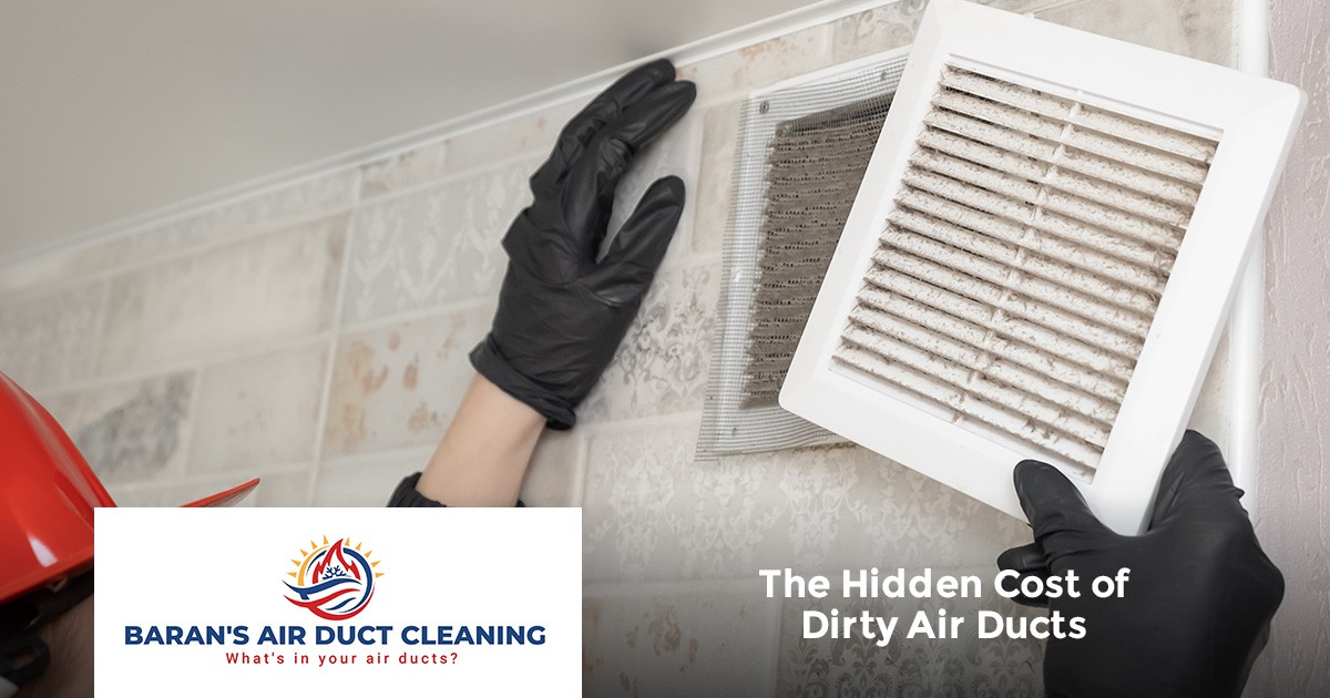 Person wearing gloves removes a dirty air vent cover from a wall; cleaning company logo is shown.