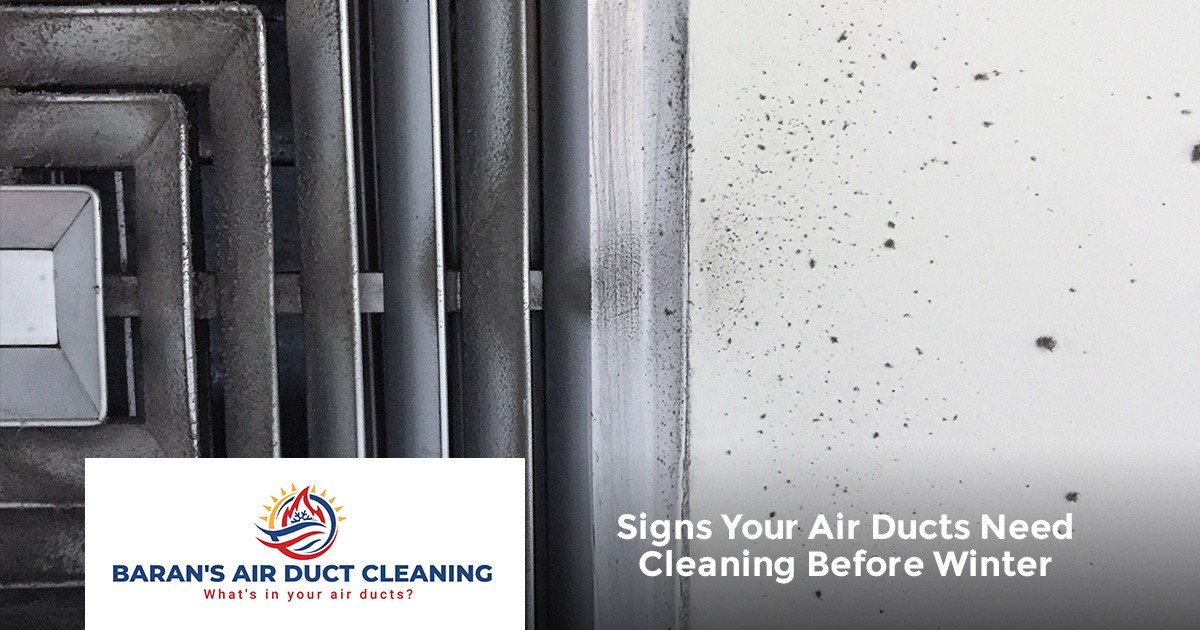 Dirty air ducts with visible dust buildup; text reads Signs Your Air Ducts Need Cleaning Before Winter.