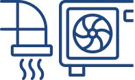 Blue line drawing of a piping system connected to a fan inside a square ventilation unit.