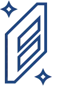 Dark blue geometric shield with two stars, outlined in black, tilted to the right on white background.