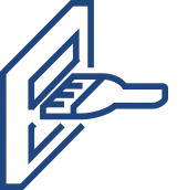 Navy blue outline of a hand inserting a card into a slot, viewed from the side.
