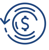 Blue dollar sign with a circular arrow around it, indicating refund or money return.