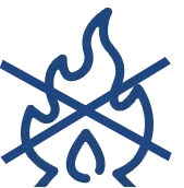 Blue line drawing of a flame crossed out, indicating no open flames or flammable materials.