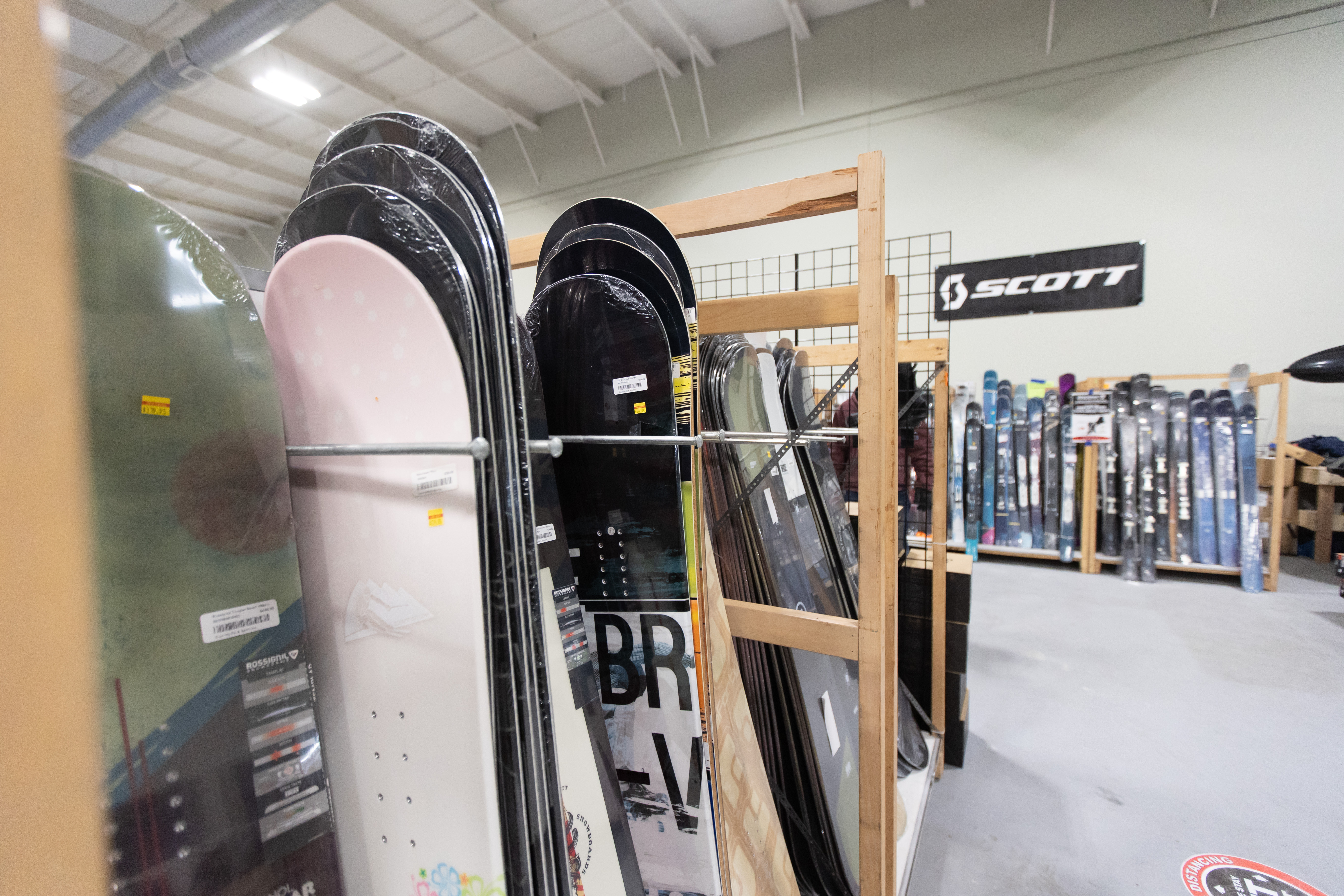 snowboards on rack at store