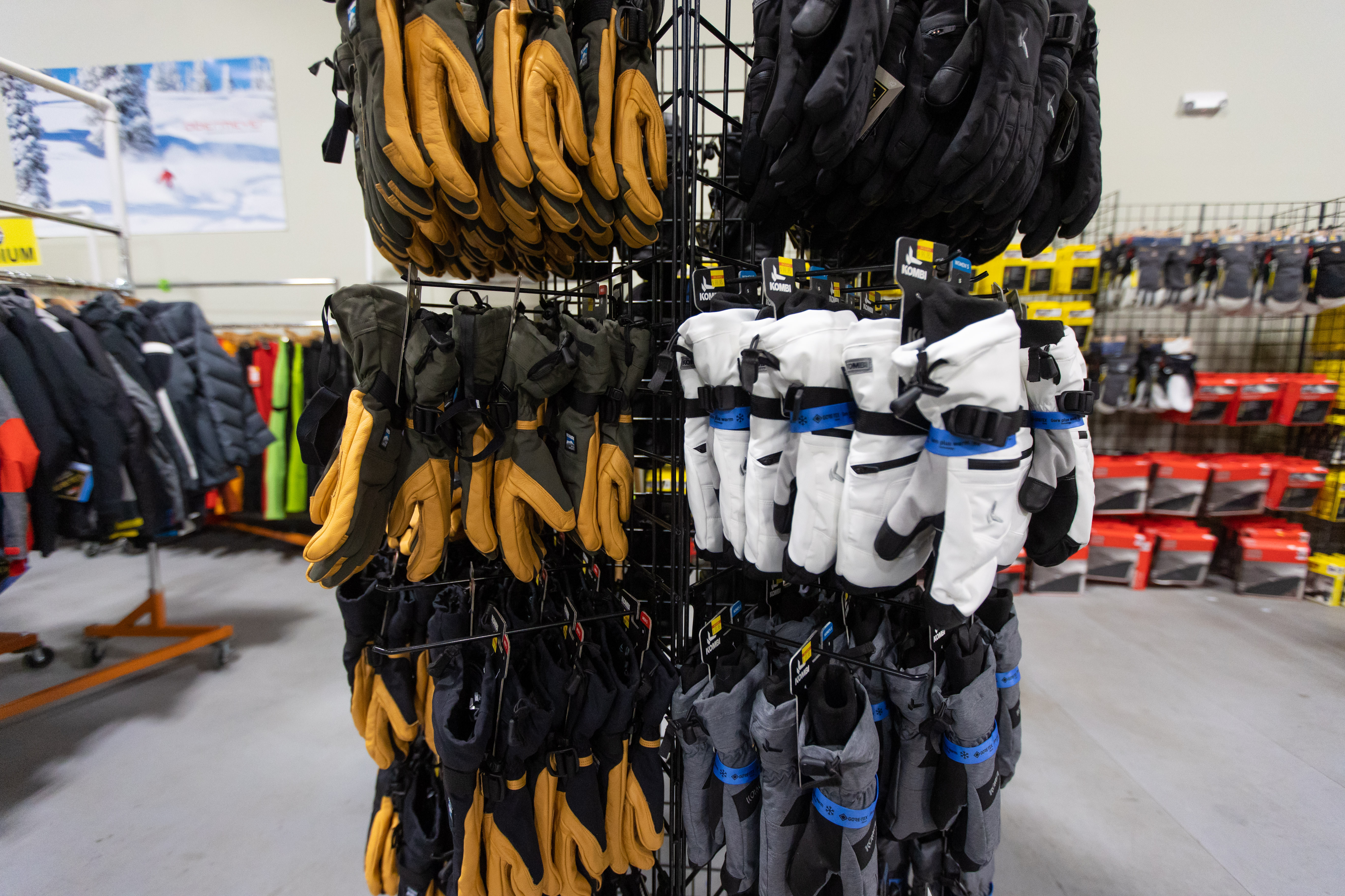 winter gloves display for skiing or snowboarding