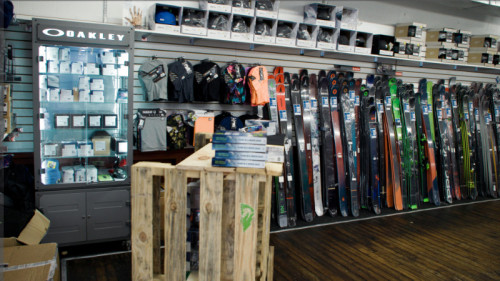 display of skis and other gear