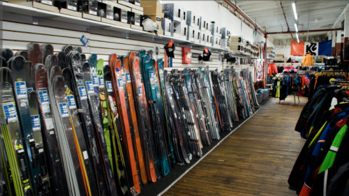 wide display of different skis