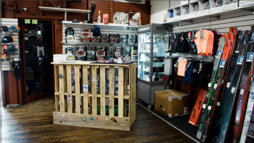 store displays of ski gear with a pallet display
