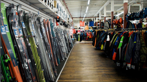 display of skis and winter jackets