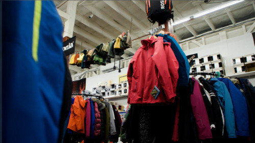 red ski jacket hanging on display