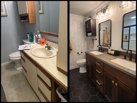 Before-and-after photos of a bathroom remodel, showing older and modern upgraded designs.
