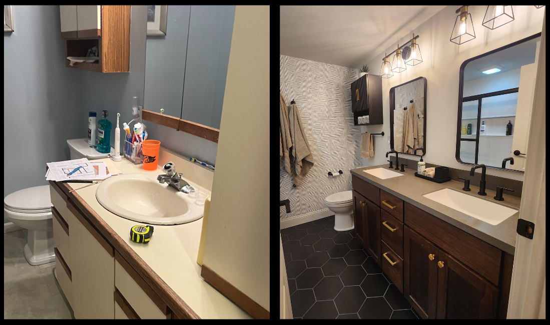 Side-by-side of an old bathroom with beige tones and a modern one with dark wood and black fixtures.