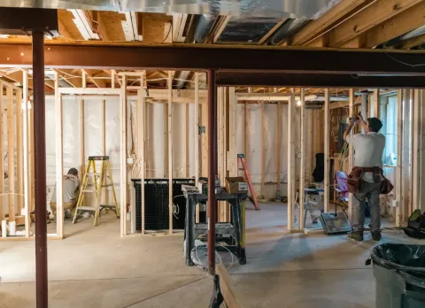 Two people work on framing and construction inside a house under renovation.
