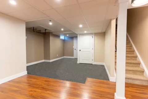 Finished basement with carpet, hardwood flooring, beige walls, white door, and carpeted stairs.