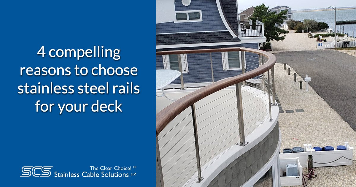 Stainless steel deck railing on waterfront residence
