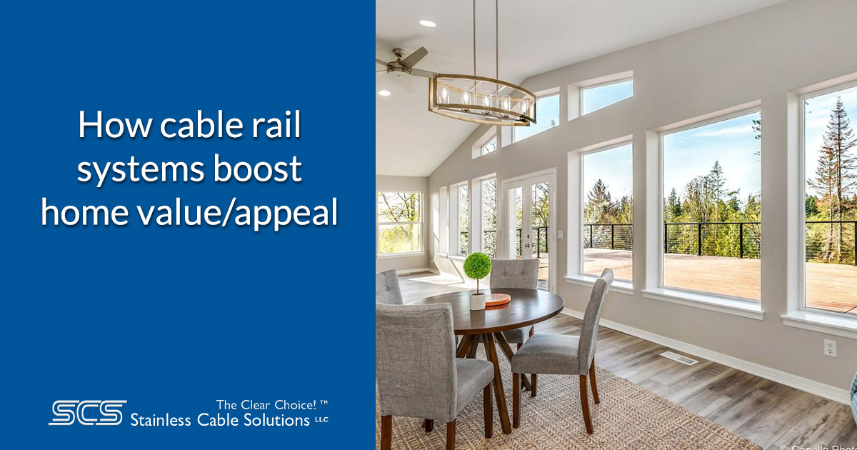 Patio off living room with black modern stainless cable railing