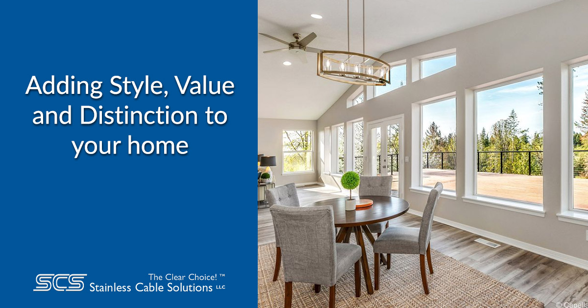 Living room overlooking deck with stainless cable railing