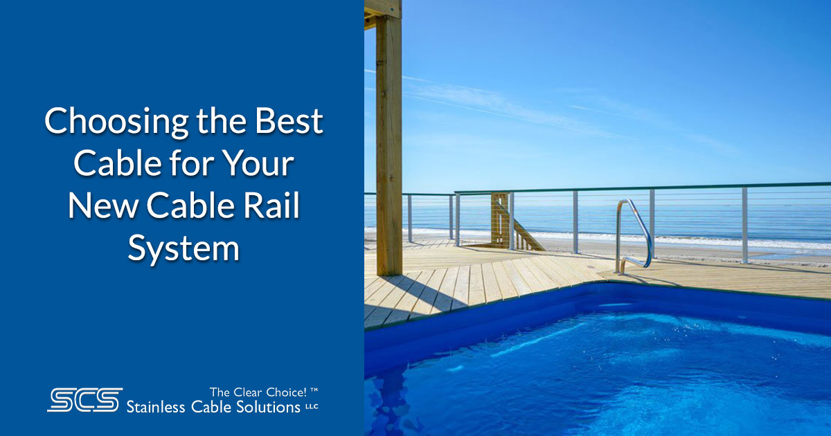 Beachfront pool with stainless steel cable rails on deck