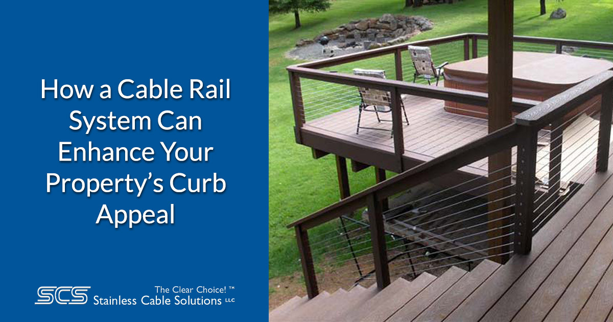 Multi-level deck with modern stainless steel cable railing system