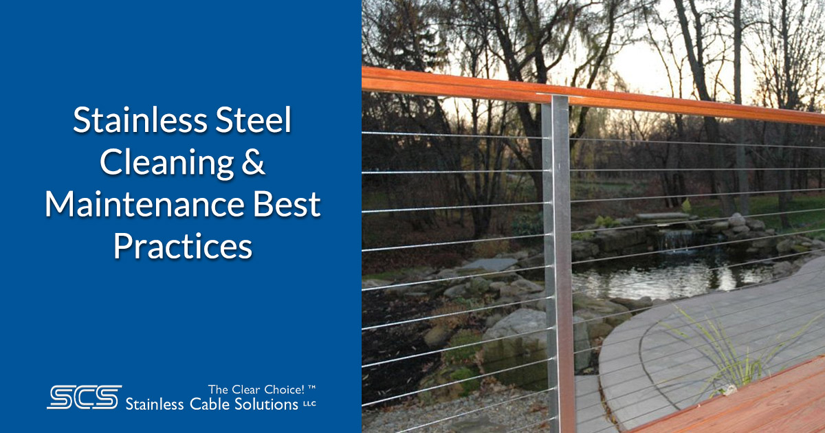 Stainless steel railing cables in backyard with pond