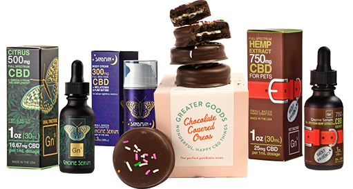 Assorted CBD products, including oils, dog treats, and chocolate-covered cookies, are displayed.