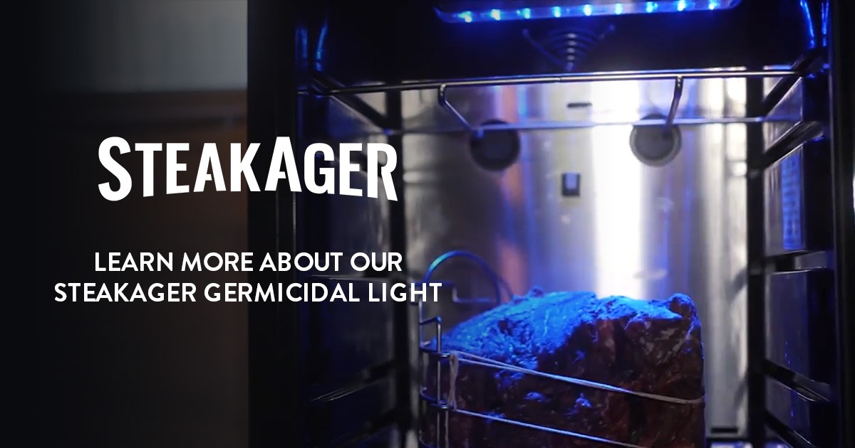 steak in a dry age machiene "learn more about our steakager germicidal light"