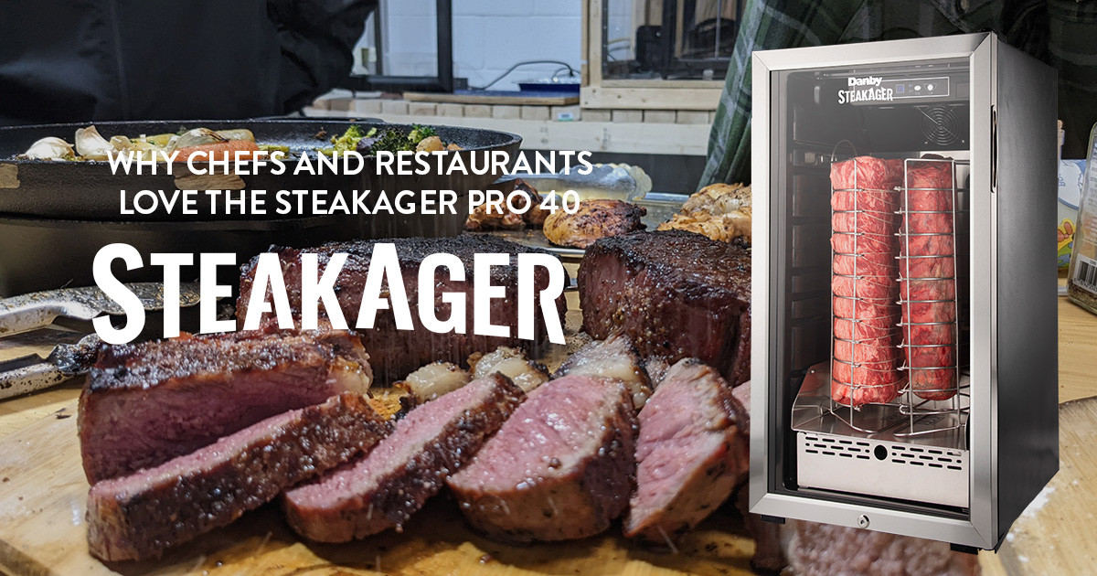 dry aged and grilled steak on a cutting board "why chefs and restaurants love the steakager pro 40"