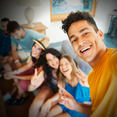 Group of friends looking at a phone