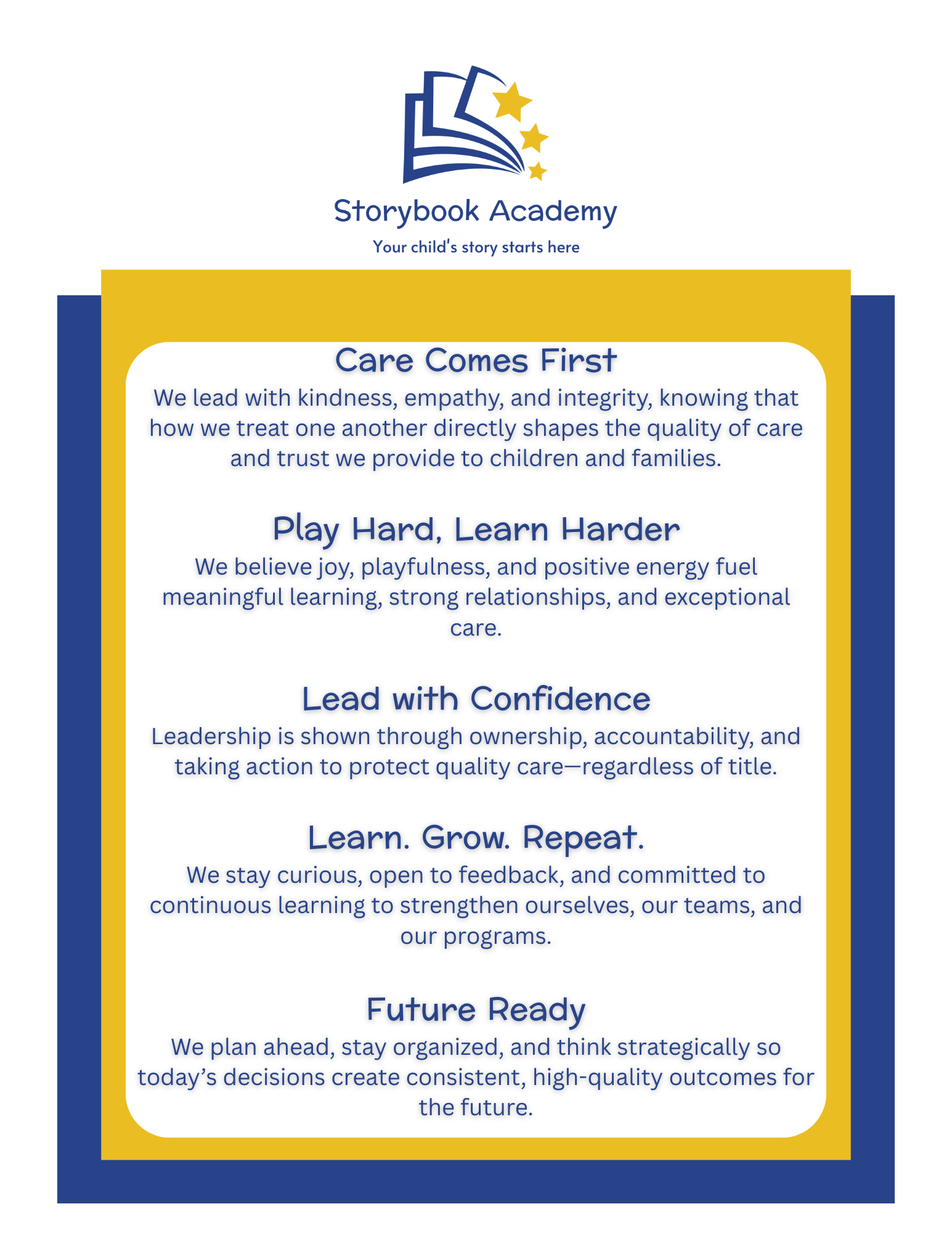 An infographic outlining Storybook Academy's core values, with a winking star. 